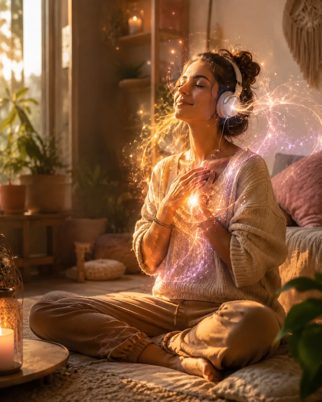 Une femme assise en tailleur, casque audio sur les oreilles, une main sur le cœur, entourée d'une énergie lumineuse.